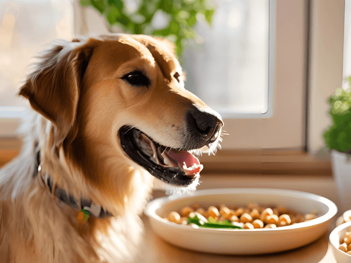 Plato de garbanzos cocidos listos para mezclar con la comida del perro