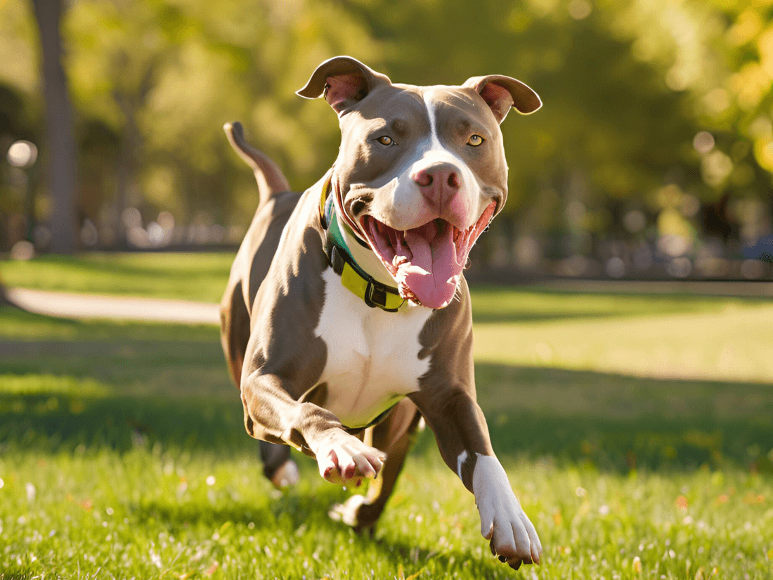 Pitbull corriendo al aire libre, apoyando su musculatura con una nutrición adecuada y ejercicio regular