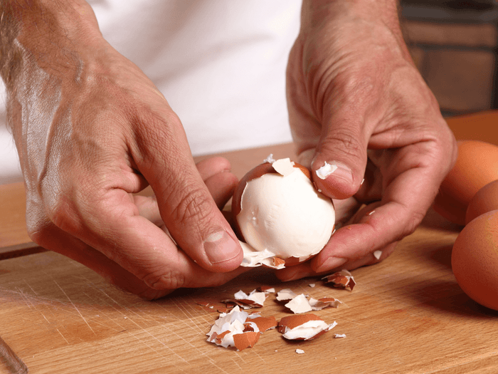 Huevos cocidos listos para ofrecer a los perros y cáscaras como fuente de calcio