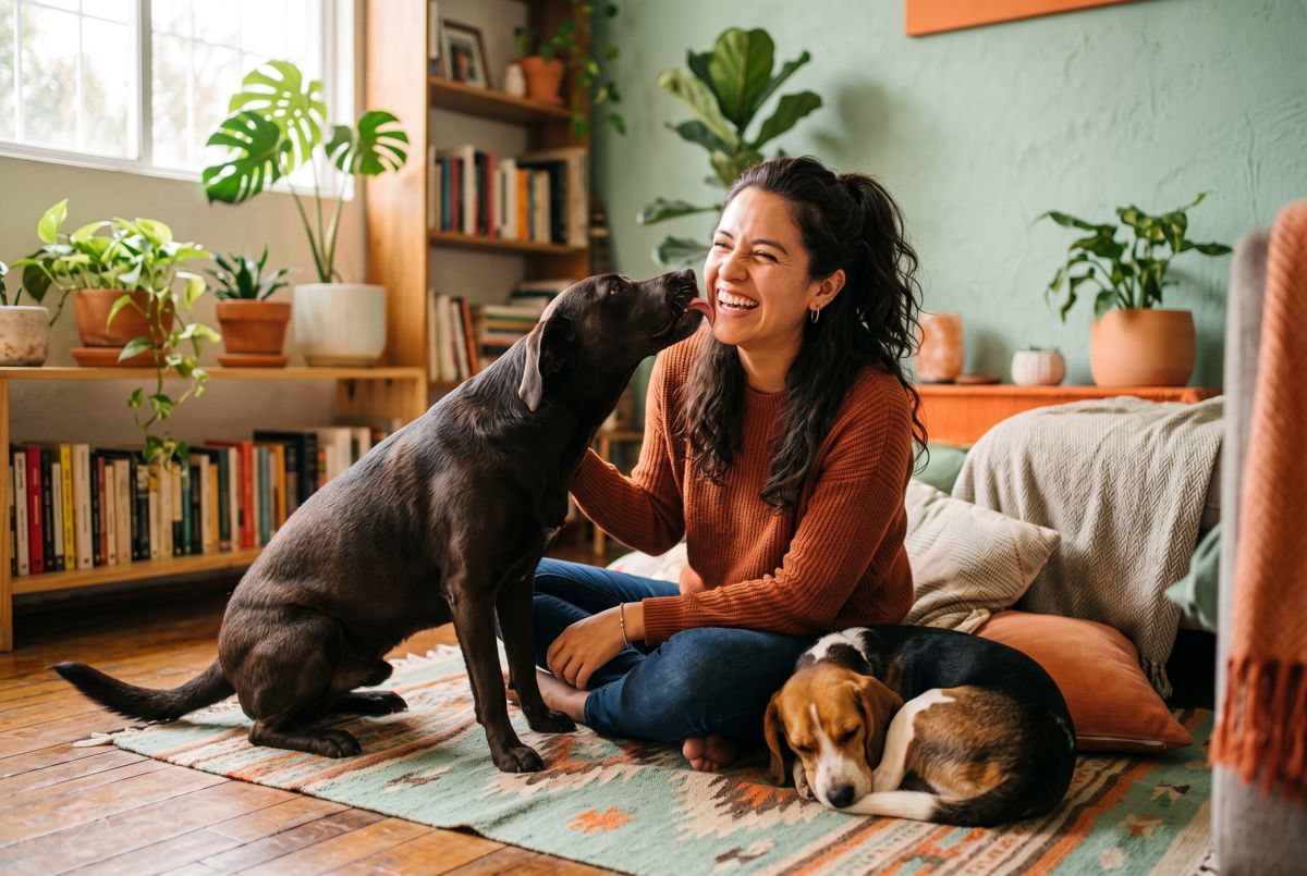 Mujer riendo con sus dos perros en la sala