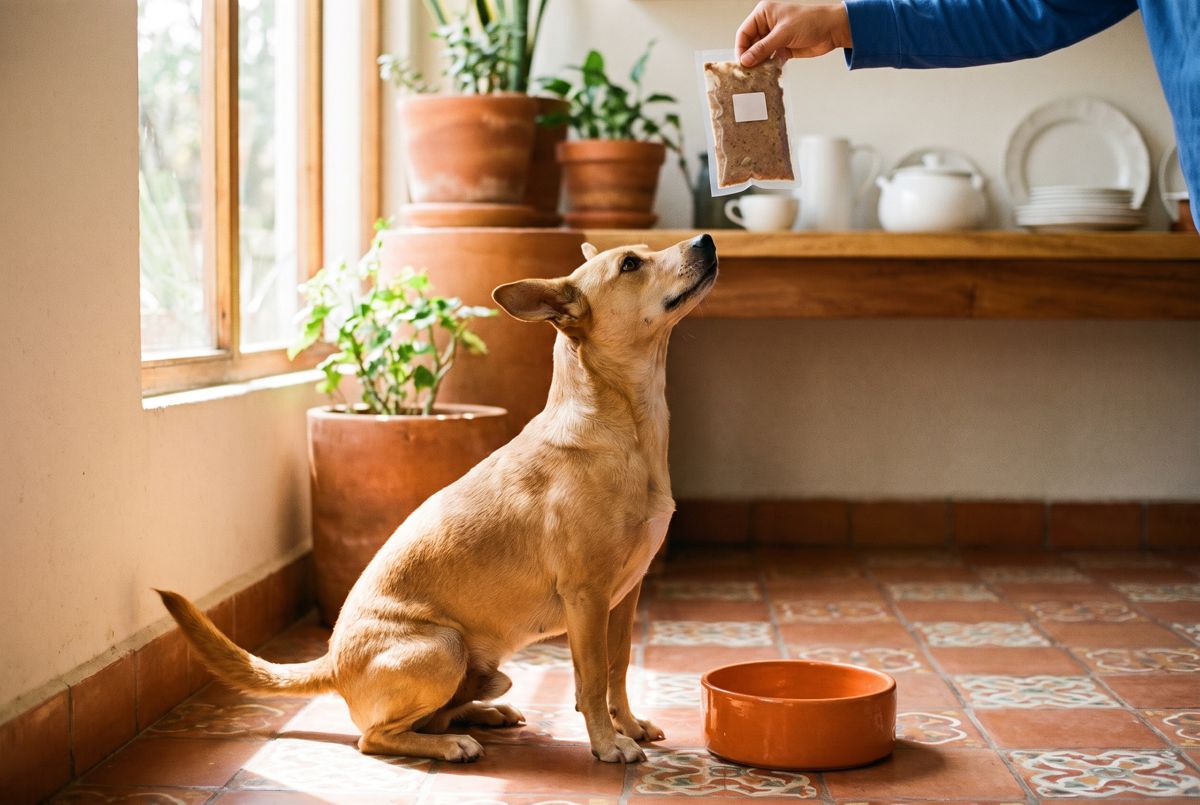 Perro esperando junto a su plato en la cocina
